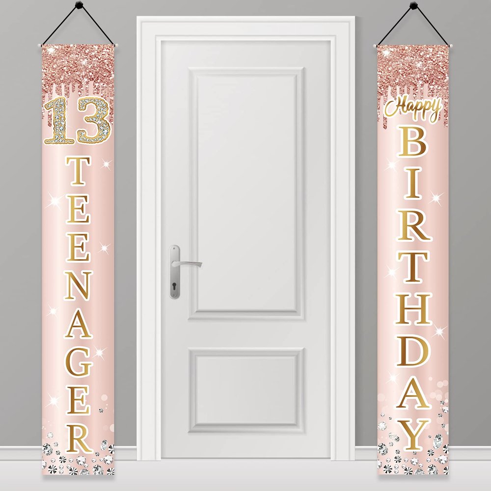 13th Birthday Decorations Door Banner for Girls, Pink Rose Gold 13 Teenager Happy Birthday Sign Party Supplies, Sweet Thirteen Year Old Birthday Backdrop Porch Dcor