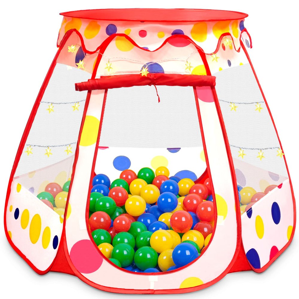 PopUp Princess Tent, Toddler Girl Toys Baby Ball Pit with LED Star Lights, Foldable Kid Play Tent with Carrying Bag, Indoor Outdoor 1 2 3 Year Old Girls Toy Gift for Birthday/Christmas, Red