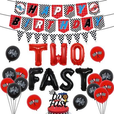 Sursurprise Race Car 2nd Birthday Party Supplies - Two Fast Balloons, Cake Topper, Happy Birthday Banner for 2 Year Old Boys Racing Theme Decorations