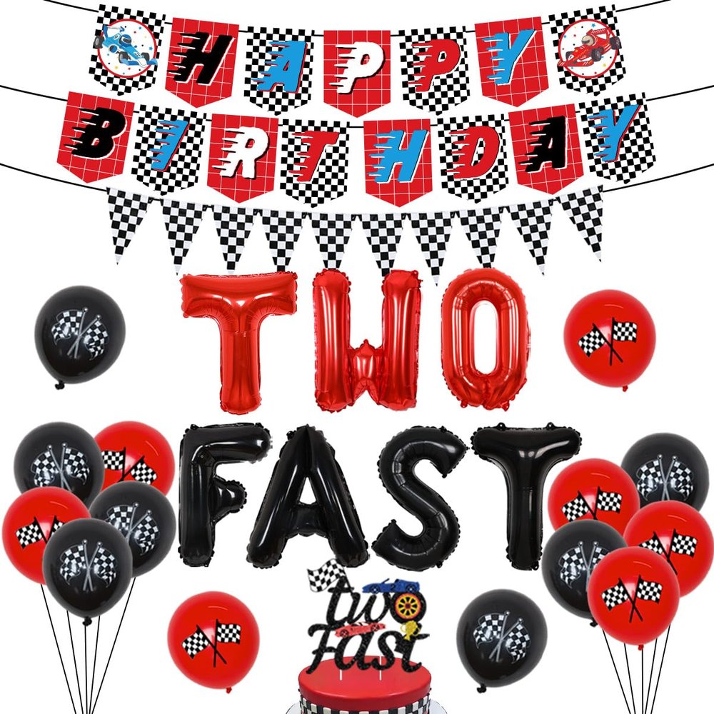 Sursurprise Race Car 2nd Birthday Party Supplies - Two Fast Balloons, Cake Topper, Happy Birthday Banner for 2 Year Old Boys Racing Theme Decorations
