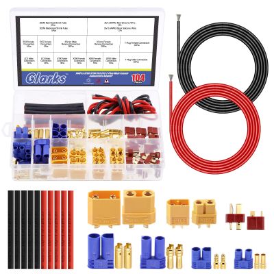 Glarks 59Pcs XT60/XT90/EC3/EC5 / T-Plug Deans 3.5mm Banana Plug Male Femalel Connectors Adapter with Heat Shrink Tubing and 14 Gauge Silicone Wire for RC ESC Lipo Battery Motor