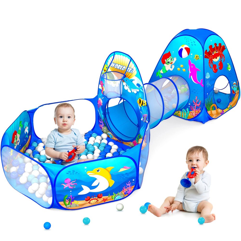 PigPigPen 3 in 1 Kids Play Tent with Play Tunnel, Ball Pit, Basketball Hoop for Boys & Girls, Toddler Pop Up Playhouse Toy for Baby Indoor/Outdoor, Gift for Year Old Child (Ocean 3pc Play Tent)