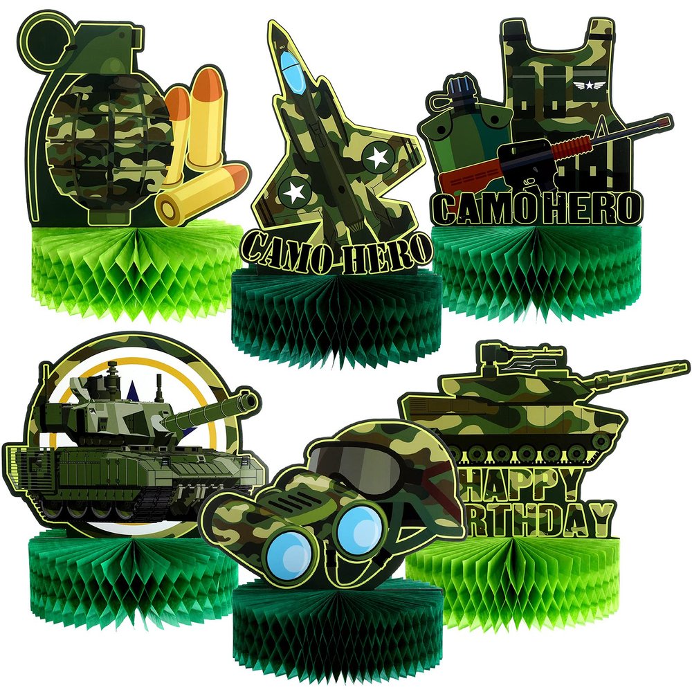 6 Pcs Army Camo Party Decorations Military Themed Honeycomb Centerpieces Camouflage Birthday Decorations Table Toppers Supplies Photo Props for Birthday Baby Shower Table Decor