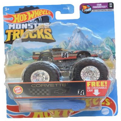 Hot Wheels Monster Trucks Corvette, [Black] Re-Crushable 3/75