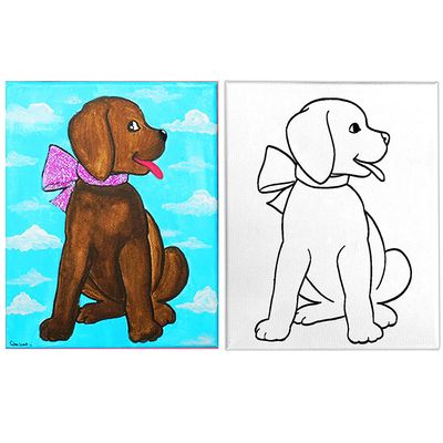 INDIGO ART STUDIO 8x10 Puppy Dog Theme Canvas Painting | Kids Animal Pet Theme Pre Drawn Stretched Canvas | Backyard Party | Summer Camps Kids Paint Party Favor | DIY Party