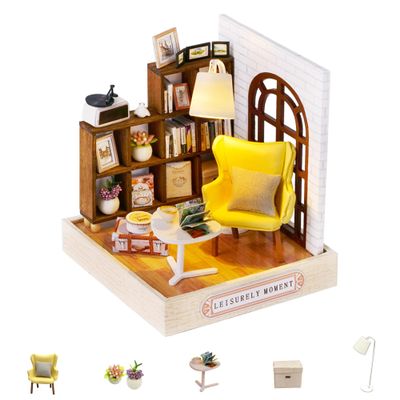 Kisoy Dollhouse Miniature with Furniture Kit, DIY 3D Wooden DIY House Kit with Dust Cover,Handmade Tiny House Toys for Teens Adults Gift(Leisurely Moment)