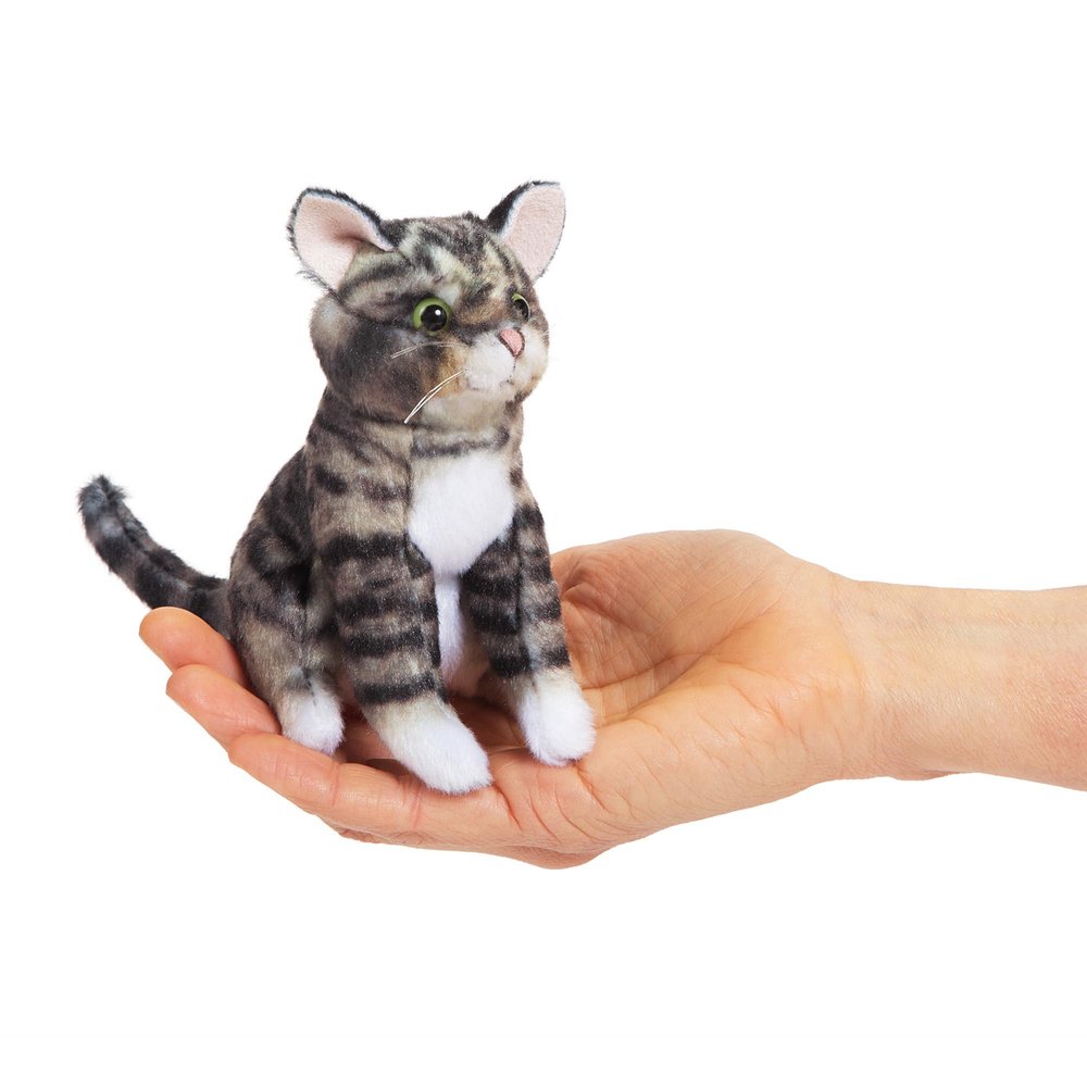 Folkmanis Mini Gray Tabby Cat Finger Puppet, Gray; Black; White