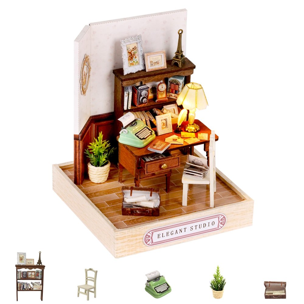 Kisoy Dollhouse Miniature with Furniture Kit, DIY 3D Wooden DIY House Kit with Dust Cover,Handmade Tiny House Toys for Teens Adults Gift(Elegant Studio)