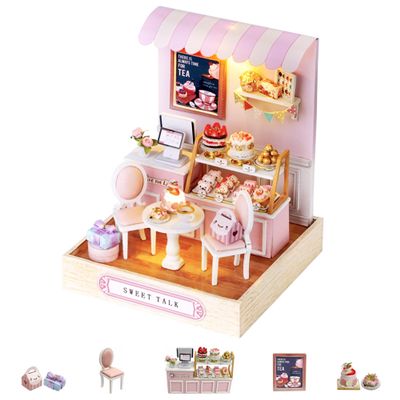 Kisoy Dollhouse Miniature with Furniture Kit, DIY 3D Wooden DIY House Kit with Dust Cover,Handmade Tiny House Toys for Teens Adults Gift(Sweet Talk)