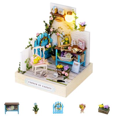 Kisoy Dollhouse Miniature with Furniture Kit, DIY 3D Wooden DIY House Kit with Dust Cover,Handmade Tiny House Toys for Teens Adults Gift(Corner of Garden)