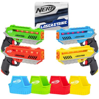 NERF Laser Strike 4 Player Laser Tag Game Pack Complete with 4 300ft Range Blasters & 4 Holsters - Indoor or Outdoor Play Arcade Games, Toys for Kids & Family