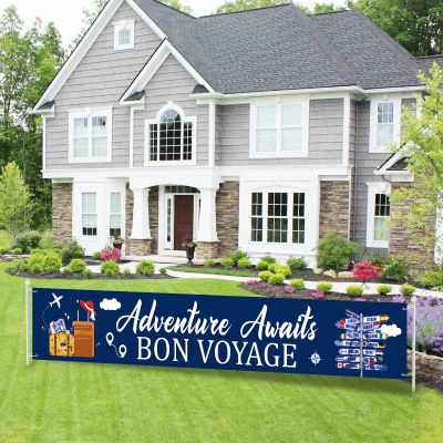 Adventure Awaits Bon Voyage Large Banner,Bon Voyage Yard Sign Banner,Travel Theme Party Decorations,Retirement Party Adventure Awaits Party Sign 9.8X1.6 Ft