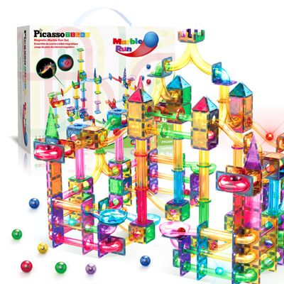 PicassoTiles 200pc Magnetic Marble Run Tiles Toy STEM Educational Race Track with Light Up Marbles Magnet Tile Building Blocks Maze Kit Sensory Pretend Play Toys for Toddlers Boys Girls Ages 3+ PTG200
