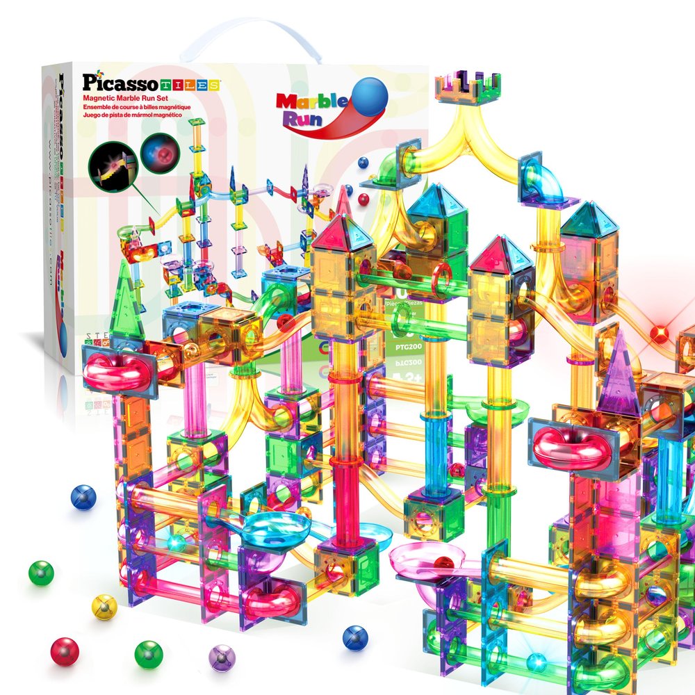 PicassoTiles 200pc Magnetic Marble Run Tiles Toy STEM Educational Race Track with Light Up Marbles Magnet Tile Building Blocks Maze Kit Sensory Pretend Play Toys for Toddlers Boys Girls Ages 3+ PTG200