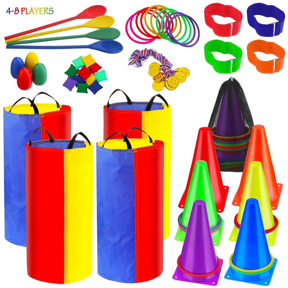 53 Pieces Outdoor Lawn Game Carnival Toss Set Potato Sack Race Bags Egg and Spoon Race Party Ring Bean Bag Tossing Cones Prizes for Adult Family Birthday Party Outdoor Game Supplies