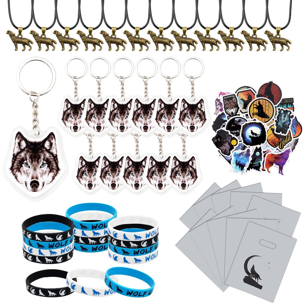 BANBALLON 98 PCS Wolf Party Favors Cool Wolf Necklace Goodie Bags with Wolf Keychains, Stickers, Rubber Bracelets, And Wolf Bags for Wolf Themed Birthday Party Baby Shower Holiday