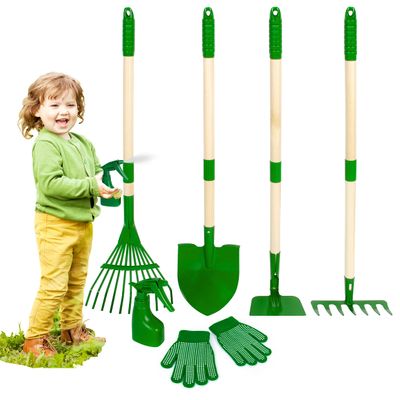 Duckura Kids Gardening Tools Set - 7pcs Garden Tool for Kids with Shovel, Rake, Hoe, Leaf Rake, Outdoor Summer Yard Lawn Digging Weed Toys, Christmas Birthday Gifts for Boys Girls Age 3 4 5 Years Old