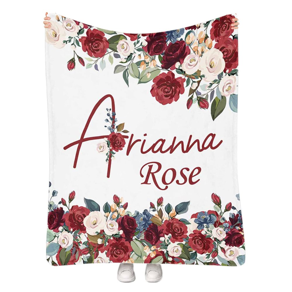 Artsadd Custom Blanket for Baby Girls with Name Personalized Blankets with Red Rose for Room Decor Fuzzy and Soft Throw Blanket Birthday Gifts for Kids Adults 40"x50"