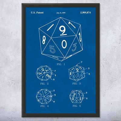 Framed 20 Sided Dice Print, Game Room Art, Gamer Gift, Dice Blueprint, Board Game Art, Toy Store Decor, Play Room Decor Blueprint (8x10)