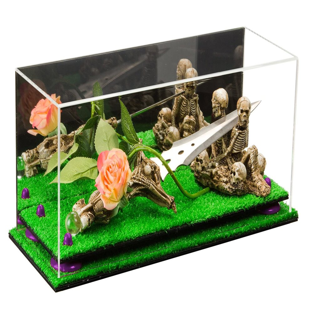 Better Display Cases Versatile Clear Acrylic Trucks, Trains and Rockets Display Case - Large Rectangle Box with Mirror Case, Purple Risers and Turf Base 19.25" x 8.25" x 8" (V47/A103)