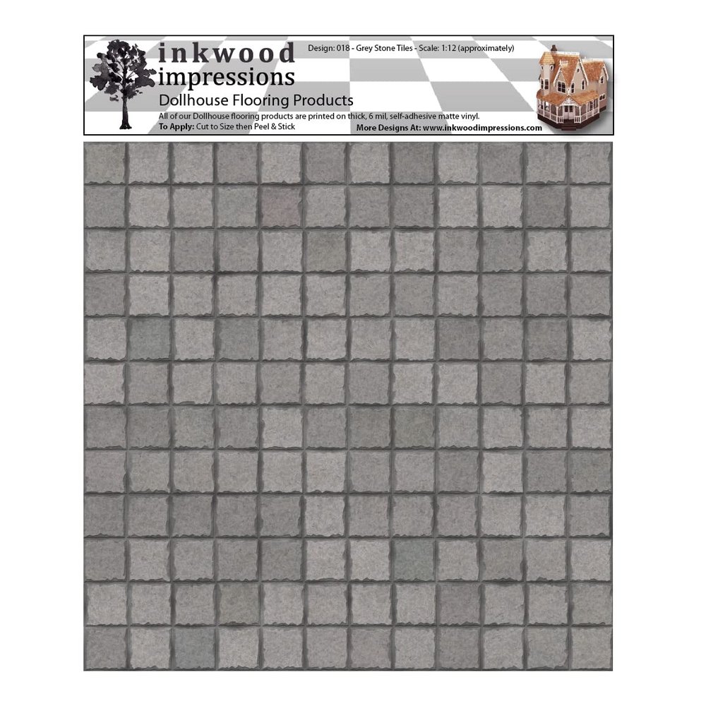 Dollhouse Flooring - 6 Mil Peel and Stick Vinyl 12" x 12" - Design 018 Grey Stone Tiles