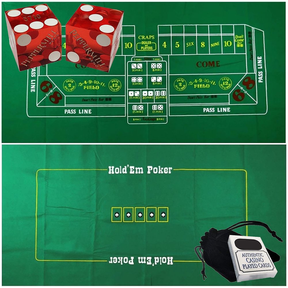 Cyber-Deals Craps & Texas Hold'em Poker Essentials Set: 2-Sided 6ft x 3ft Felt Layout, Nevada Casino Table-Played Dice & Cards, Plus Storage Pouch (Peppermill (Red Polished) - Reno)