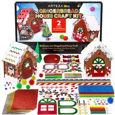 Arteza Kids Cardboard Gingerbread House Kit, 324 Pieces, Fun Kids' Activities  3D Holiday Crafts with Glitter, Chenille Stems, & Pom Poms for Christmas Decorating and Playtime
