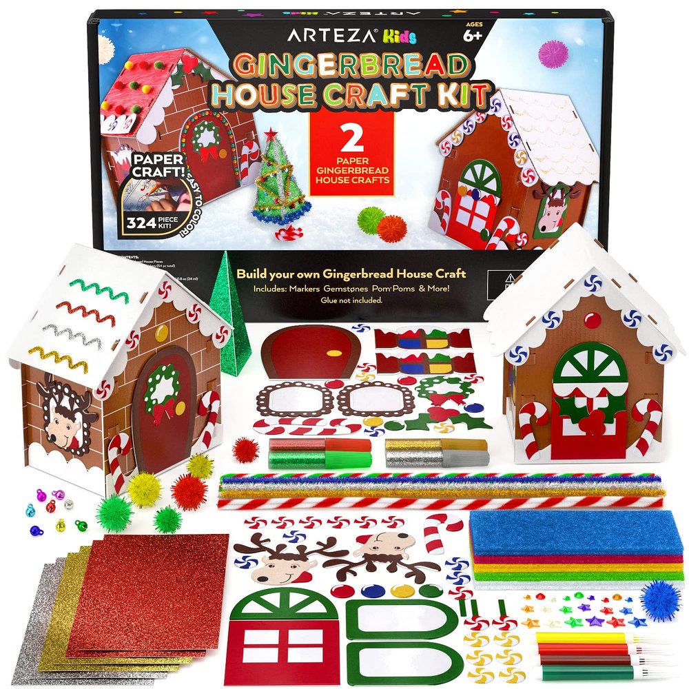 Arteza Kids Cardboard Gingerbread House Kit, 324 Pieces, Fun Kids' Activities  3D Holiday Crafts with Glitter, Chenille Stems, & Pom Poms for Christmas Decorating and Playtime