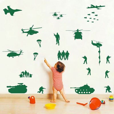 Army Tank Helicopter Wall Decors for Wall Solider Military Fighter Airplane Wall Stickers for Teens Boys Bedroom Kids Room Vinyl Decals (Army Green-JWH117)