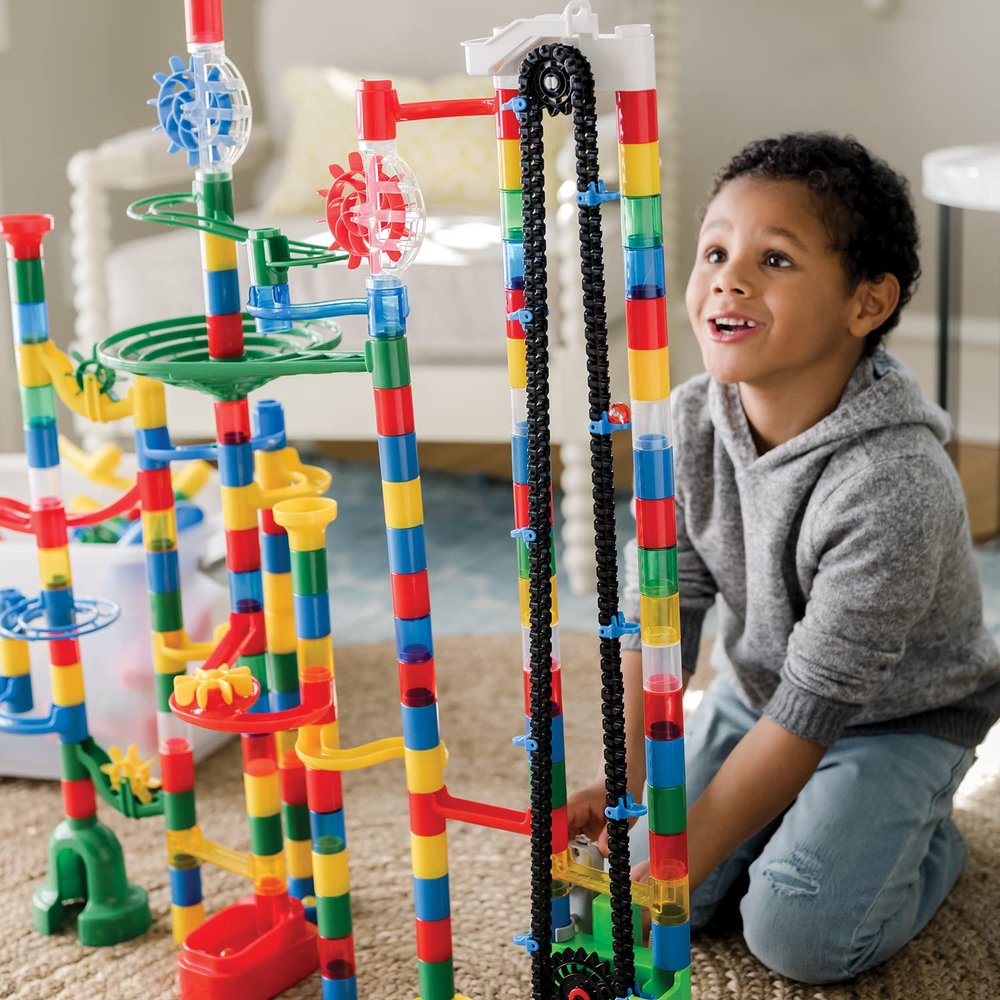 MindWare Colossal Elevator Marble Run  400-Piece Marble Maze Building Toys Set with Unique Marble Track Pieces, 150 Tubes, 9 Funnels, 50 Marbles and More with Wheeled Storage Bin