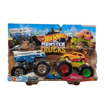 DieCast Hotwheels Monster Trucks Drag Bus vs Beetle, Demolition Doubles (1:64 Scale)