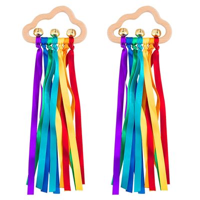 Baby Sensory Wooden Rattle Toys - 2PCS Rainbow Ribbon Ring Toys Wood Rattle Molar Circle Newborn Sensory Montessori Toy for Infant Babies Toddler