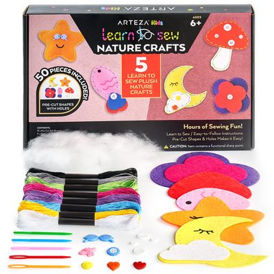 Arteza Kids Hand Sewing Kit, 5 Learn to Sew Plush Nature Crafts, 50 Pieces, Pre-Cut Felt Shapes, Plastic Needles, Plush Fill, Buttons, and Thread, Kids Craft Supplies with Instruction Guide