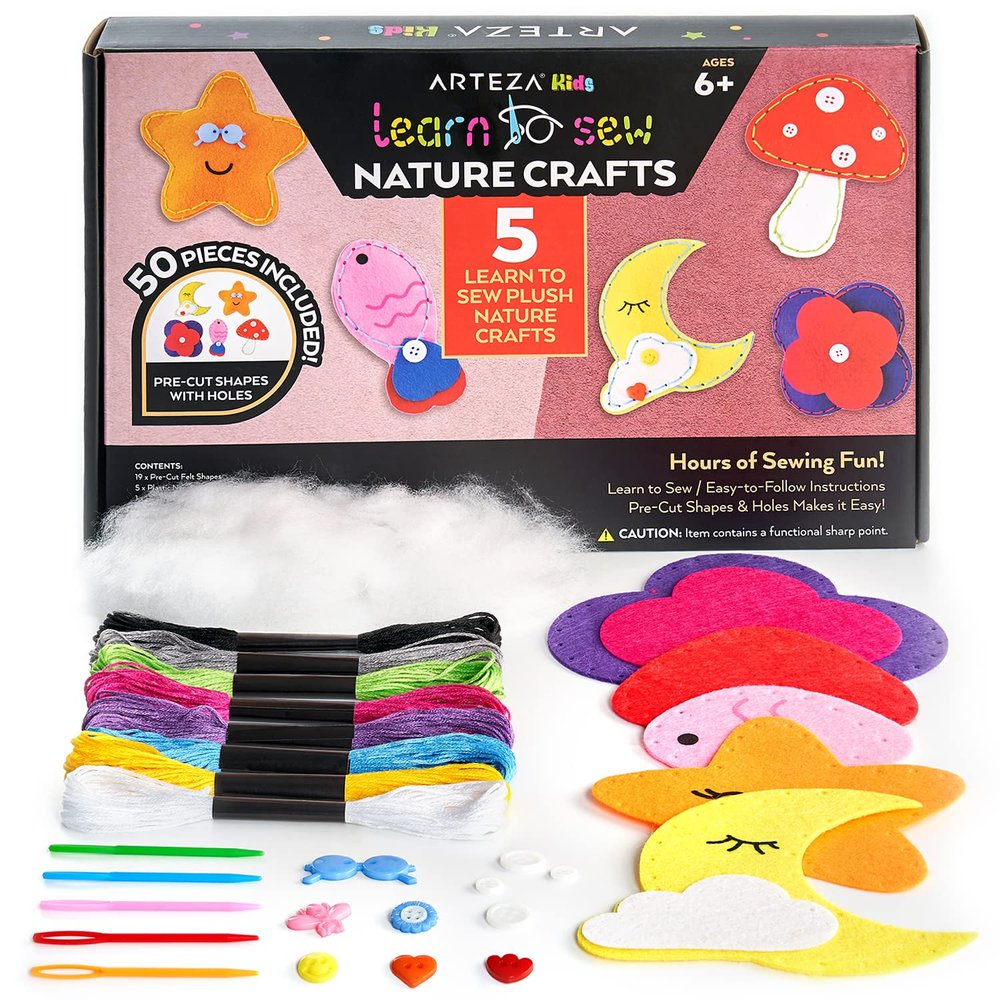 Arteza Kids Hand Sewing Kit, 5 Learn to Sew Plush Nature Crafts, 50 Pieces, Pre-Cut Felt Shapes, Plastic Needles, Plush Fill, Buttons, and Thread, Kids Craft Supplies with Instruction Guide