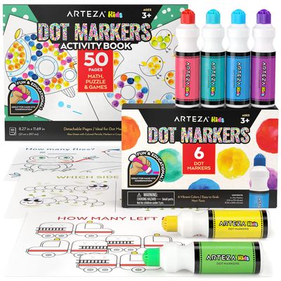Arteza Kids Dot Markers and Kids Activity Book, 6 Bingo Daubers, 50-Page Book with Math, Puzzles, and Games  Preschool Supplies for Educational Activities and Playtime