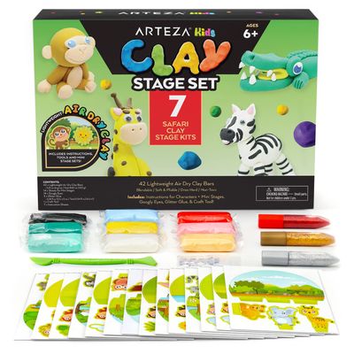 Arteza Kids Air Dry Clay, 42 Bars, Safari Stage Modeling Clay Kit, 14 Mini-Stages, 14 Googly Eyes, 3 Glitter Glues, 1 Craft Tool, 7 Instruction Sheets, Craft Supplies for Learning and Developing