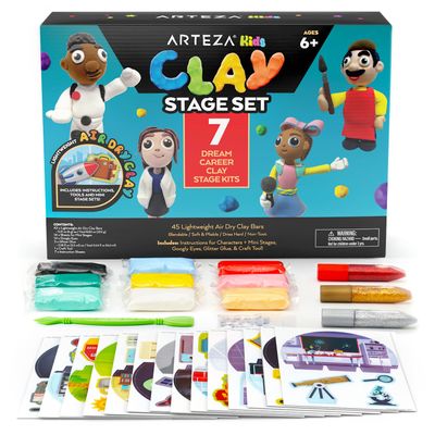Arteza Kids Air Dry Clay, 42 Bars, Dream Career Modeling Clay Kit, 14 Mini-Stages, 14 Googly Eyes, 3 Glitter Glues, 1 Craft Tool, 7 Instruction Sheets, Craft Supplies for Learning and Developing