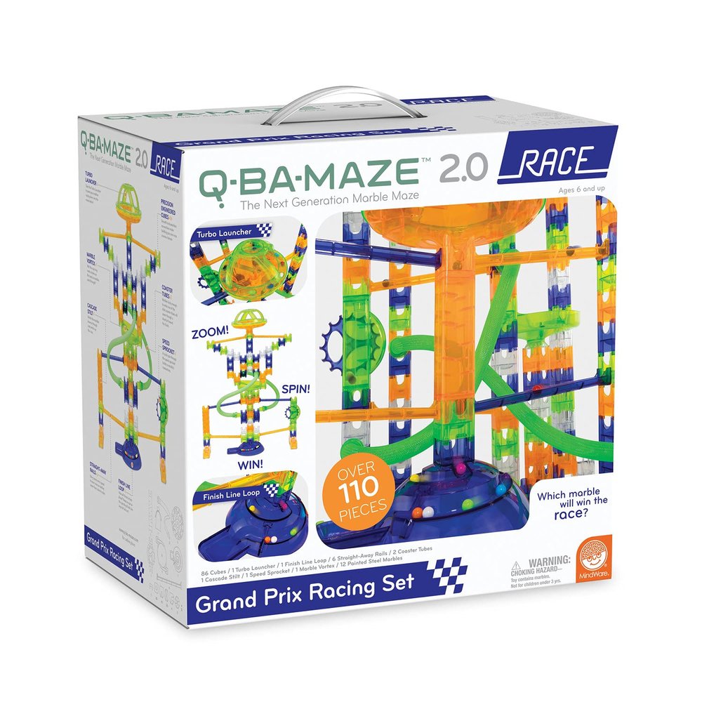 MindWare Q-BA-Maze 2.0 Grand Prix Racing Set Marble Run Building Toy with Motion-Activated Lights, Ages 8 and Up