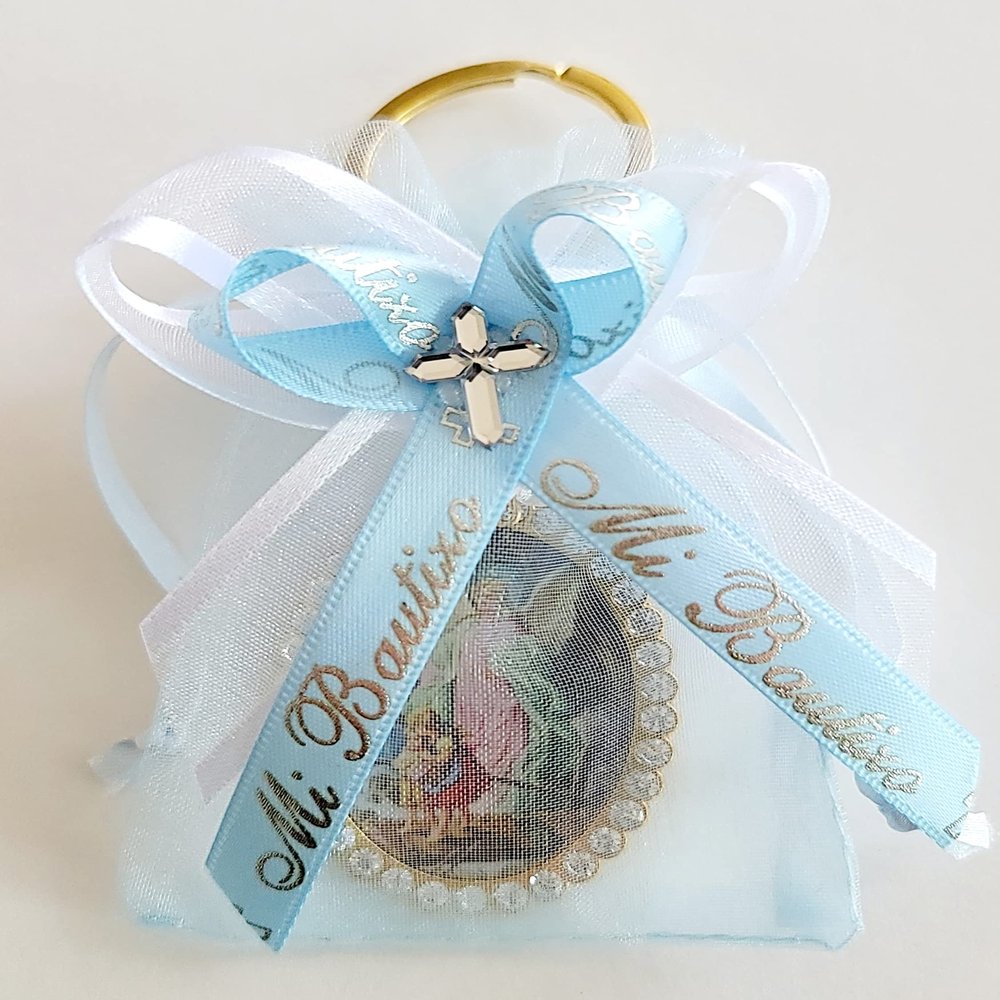 12 Recuerdos para Mi Buatizo 12 Organzas Azules con Llaveros Dorados con Imagen del Angel de la Guarda