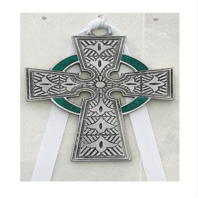 CatholicStore Celtic Child's Cross with White Ribbon, Fine Pewter, 3"