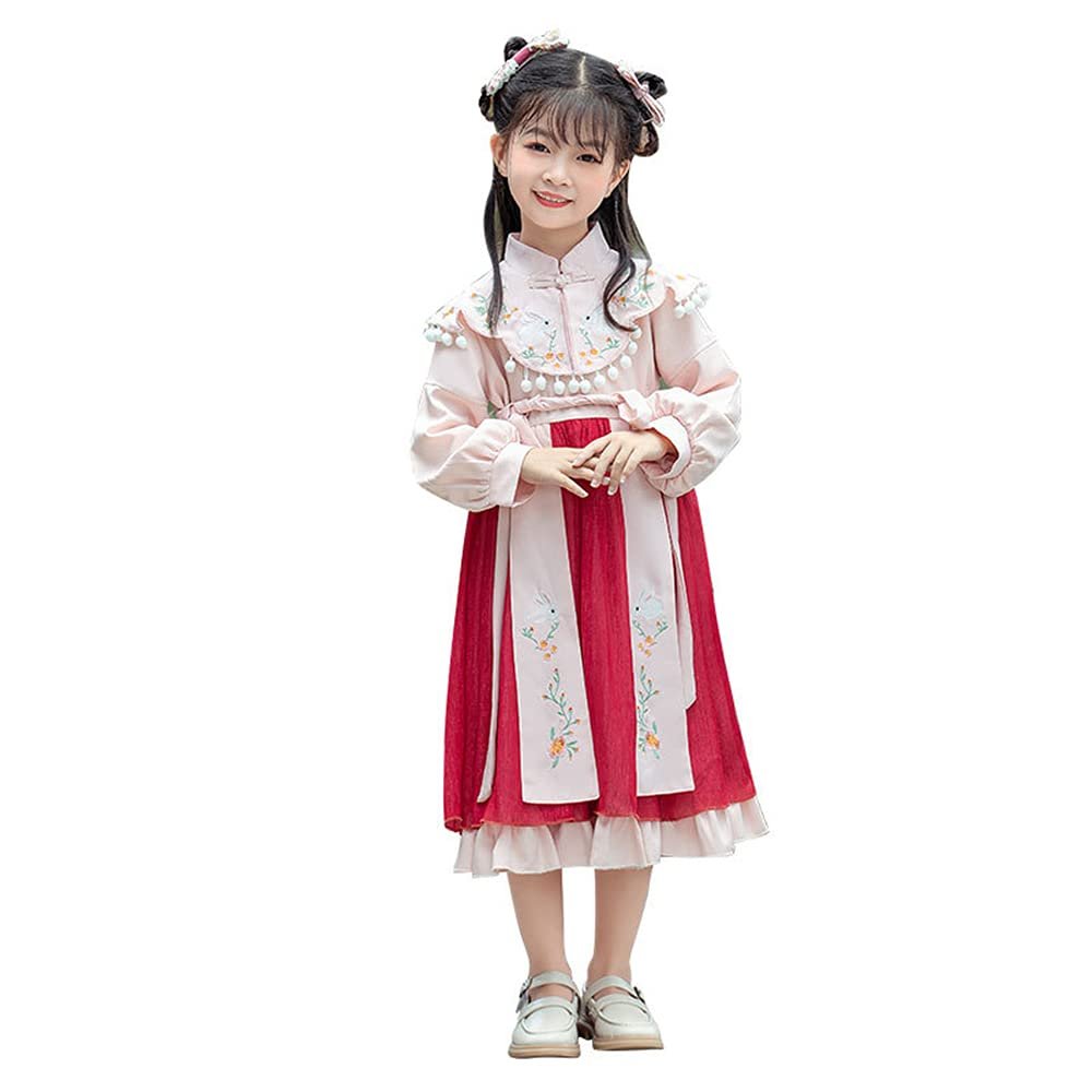 AINIFU Fairy Dresses Hanfu Skirt Princess Dresses Nezha Style Long-Sleeve Performance Costumes with Belt for Girl 4-16 Years Pink