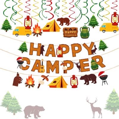 LaVenty 16 PCS Camping Birthday Party Decoration One Happy Camper Decoration Camping Party Supplies Camping Birthday Banner Picnic Birthday Party Decoration