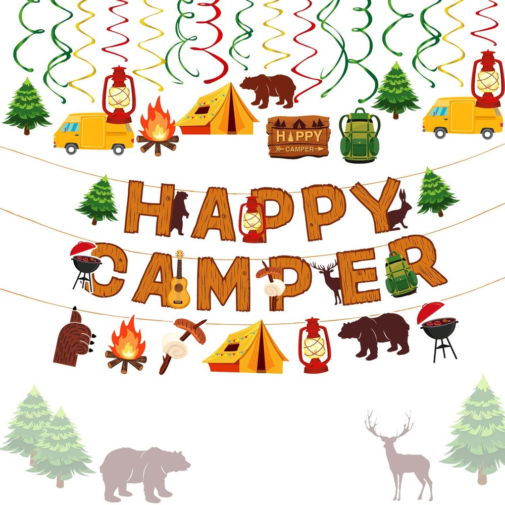 LaVenty 16 PCS Camping Birthday Party Decoration One Happy Camper Decoration Camping Party Supplies Camping Birthday Banner Picnic Birthday Party Decoration