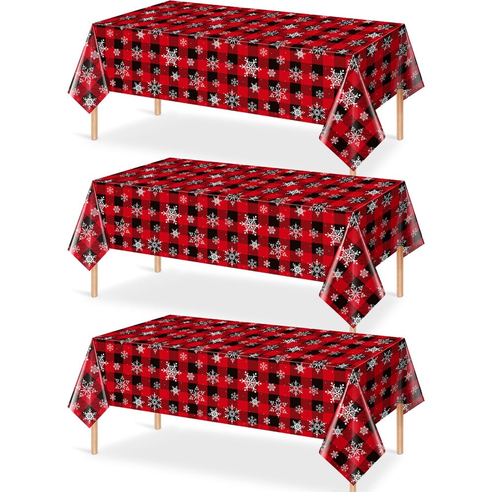 3 Pieces Red and Black Buffalo Plaid Merry Christmas Party Tablecloth Decorations,Plastic White Snowflake Buffalo Plaid Sign Table Cover for Winter Christmas Holiday Party Supplies,54x108 inch