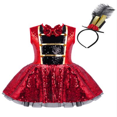 Agoky Kids Girls Halloween Circus Ringmaster Cosplay Costume Sleeveless Shiny Sequin Tutu Dress Fancy Party Dress Up Red 14 Years