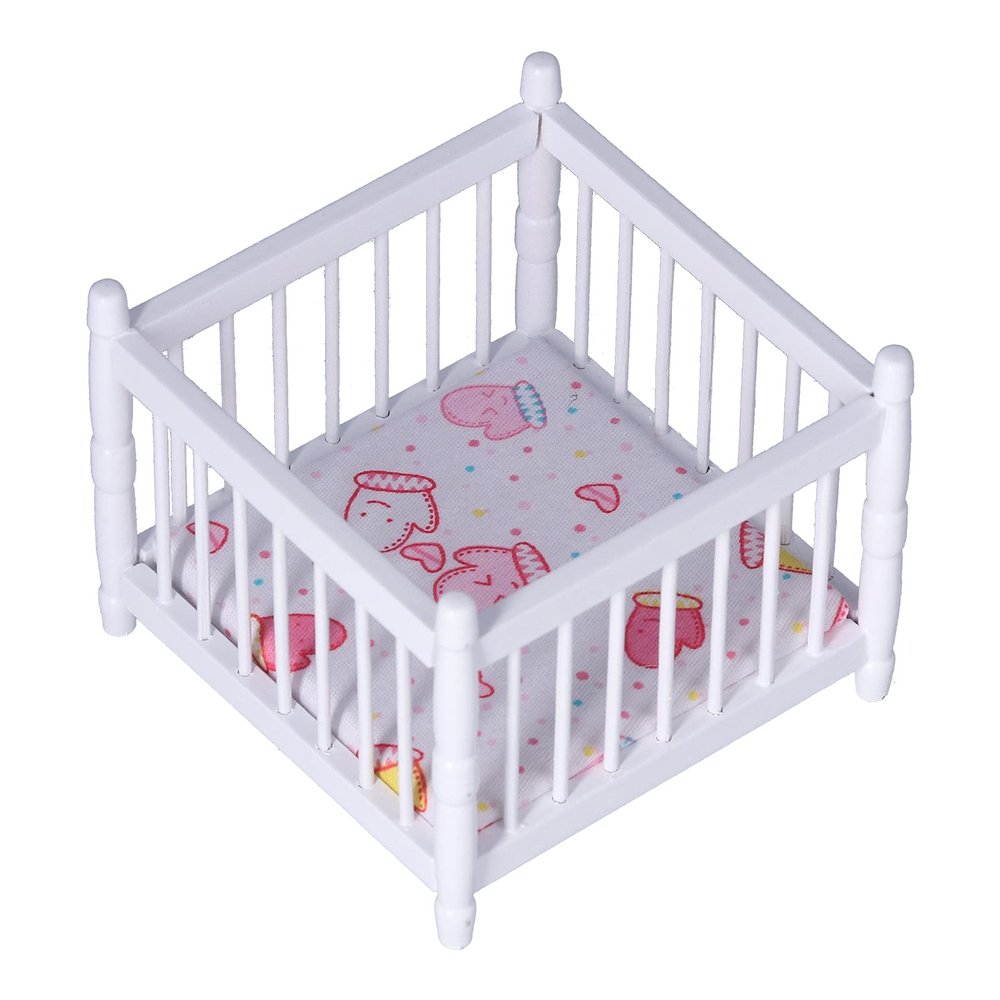 1:12 Scale Wooden Doll House Baby Bed DIY Miniature Doll House Mini Furniture Accessories with Mattress Square Bed White Children's Day Gift