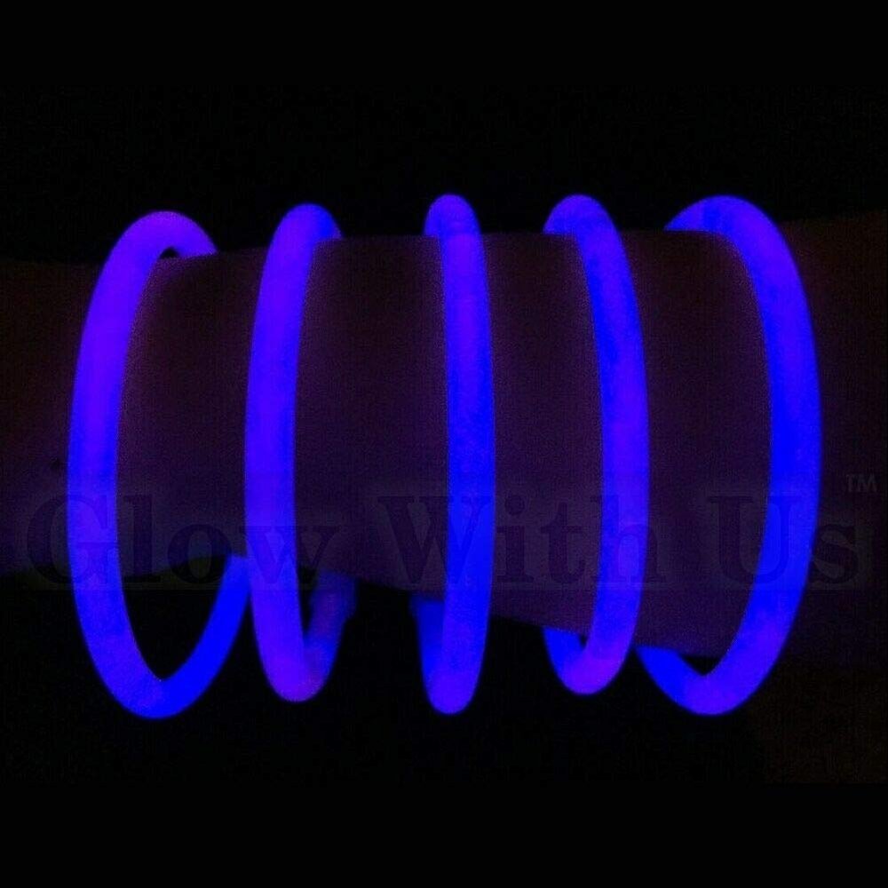 Glow With Us Brand Glow Sticks Bracelets Bulk Wholesale, 1000 8 Blue Glow Bracelets, Bright Color, Glow 8-12 Hrs, Connectors Included, Glow Party Favor Supplies, Sturdy Packaging, Great Fun.