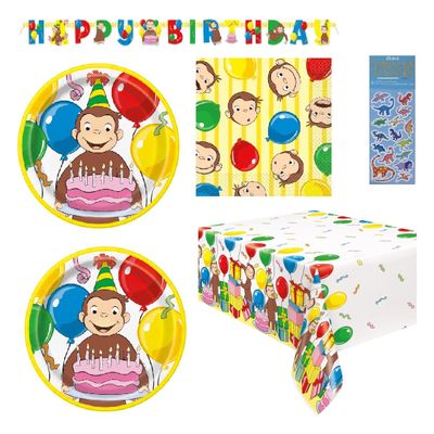 Curious George Birthay Party Supplies Decoration Bundle Pack includes 16 Lunch Plates, 16 Napkins, 1 Table Cover, 1 Happy Birthday Banner, 1 Dinosaur Sticker Sheet (Bundle for 16)