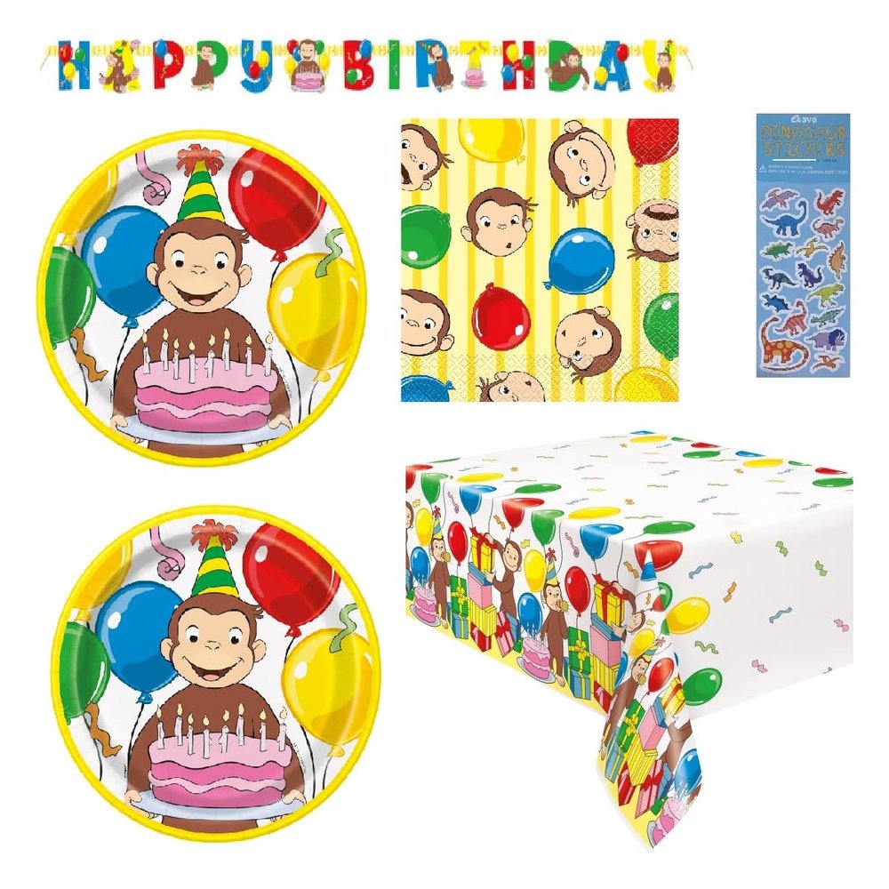 Curious George Birthay Party Supplies Decoration Bundle Pack includes 16 Lunch Plates, 16 Napkins, 1 Table Cover, 1 Happy Birthday Banner, 1 Dinosaur Sticker Sheet (Bundle for 16)