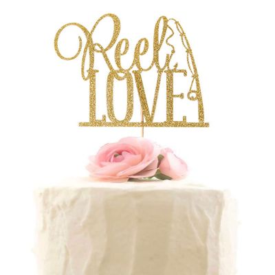 Reel Love Wedding Cake Topper, Fishing Wedding Cake Toppers, Engagement Party Decors, Gold Glitter